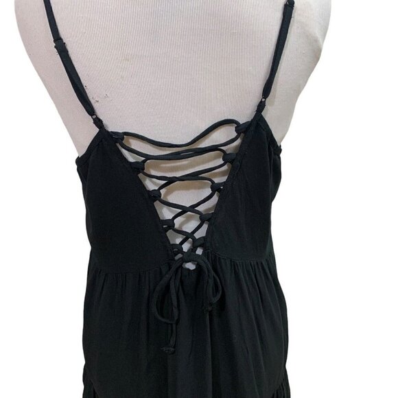 Mudd Women's L Large Spaghetti Strap Top Tiered Lace up Back Flowy Black - Picture 6 of 7